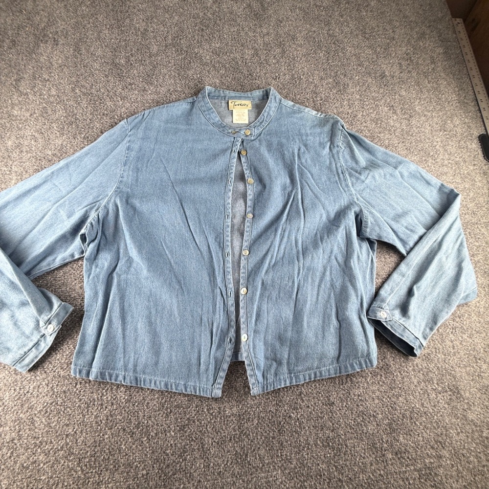 Tattoo Womens XL Light Wash Denim Band Collar Button Down Shirt Made in USA